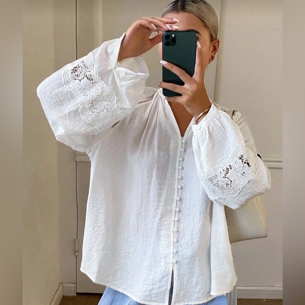 White Lace-Sleeve Button Front Women’s Top